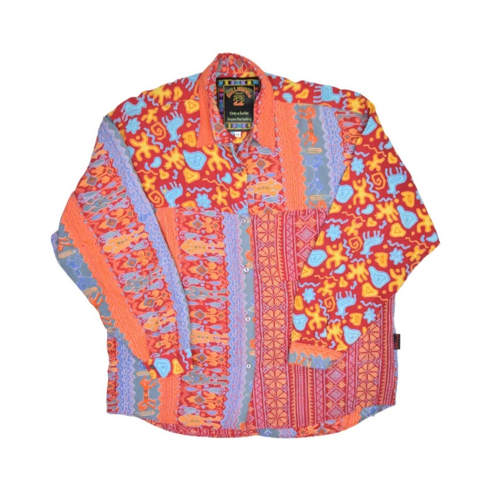 Vintage Billabong Salad Shirt Mens Medium Long Sleeve Hawaiian Beach Rayon USA
